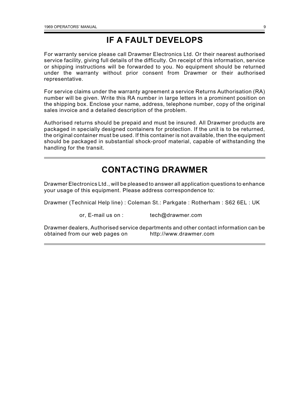 If a fault develops, Contacting drawmer | Drawmer 1969 Vacuum Tube Compressor Pre-Amplifier User Manual | Page 11 / 13