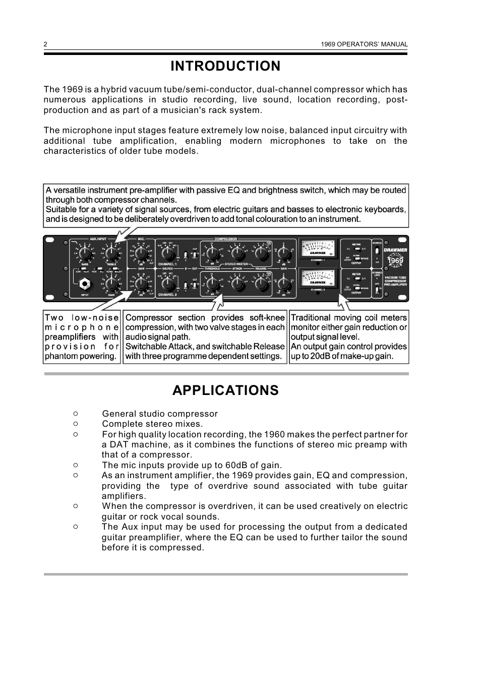 Introduction, Applications | Drawmer 1969 Vacuum Tube Compressor Pre-Amplifier User Manual | Page 4 / 13