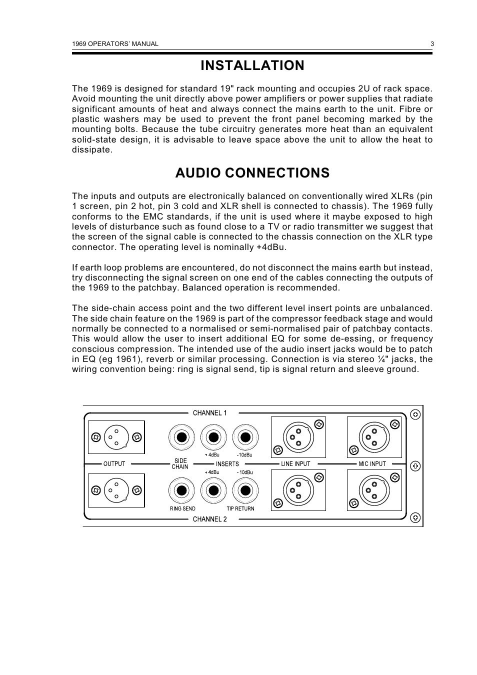 Installation, Audio connections | Drawmer 1969 Vacuum Tube Compressor Pre-Amplifier User Manual | Page 5 / 13