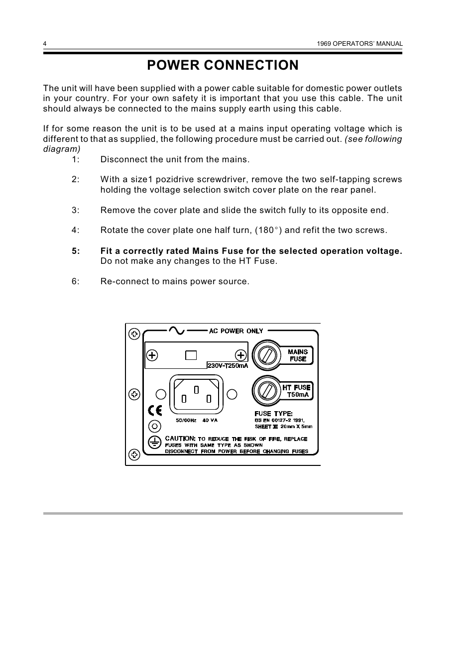 Power connection | Drawmer 1969 Vacuum Tube Compressor Pre-Amplifier User Manual | Page 6 / 13