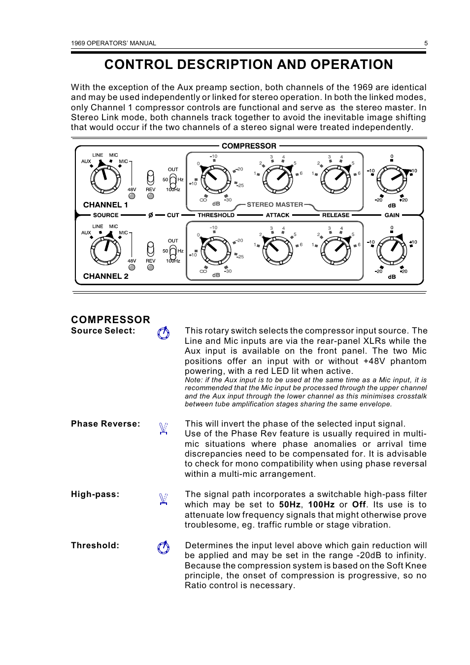 Control description and operation | Drawmer 1969 Vacuum Tube Compressor Pre-Amplifier User Manual | Page 7 / 13