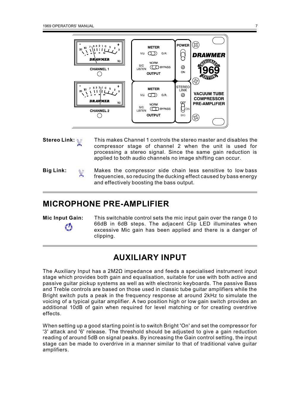 Microphone pre-amplifier, Auxiliary input | Drawmer 1969 Vacuum Tube Compressor Pre-Amplifier User Manual | Page 9 / 13