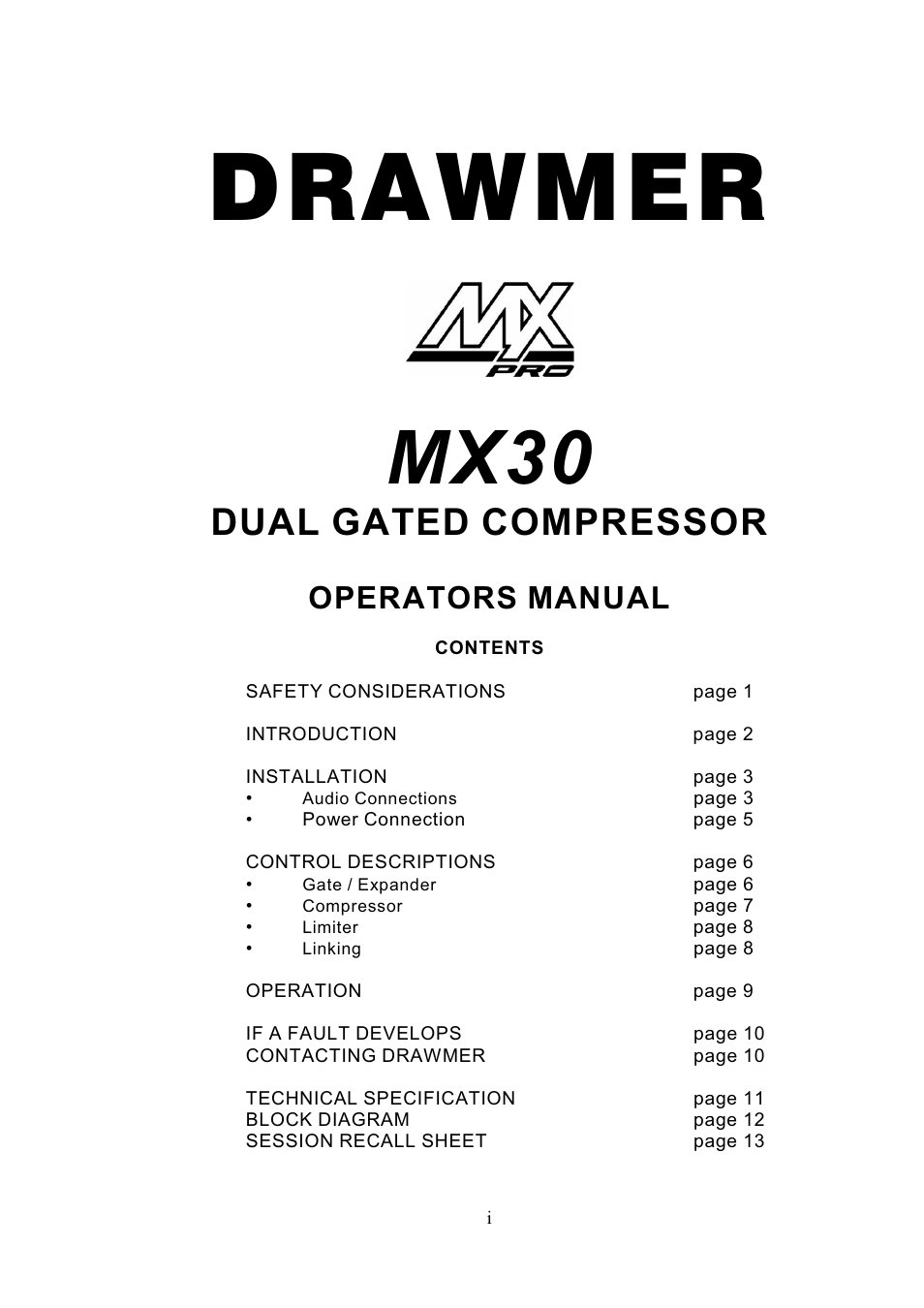 Drawmer MX30 Pro Gated Compressor / Limiter User Manual | 15 pages