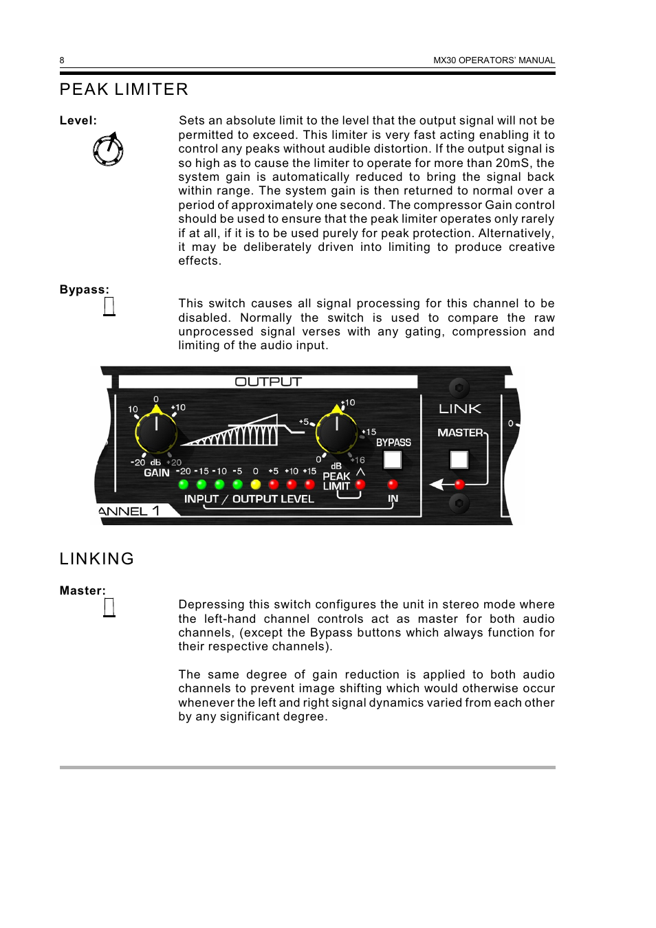 Peak lim iter, Lin kin g | Drawmer MX30 Pro Gated Compressor / Limiter User Manual | Page 10 / 15