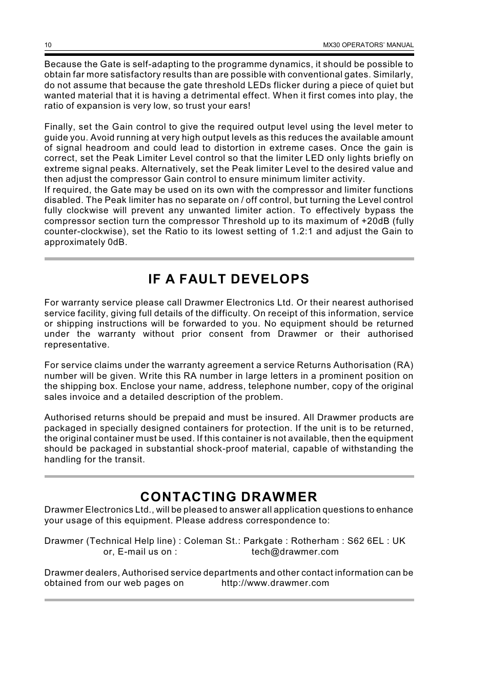 If a fault develops, Contacting drawmer | Drawmer MX30 Pro Gated Compressor / Limiter User Manual | Page 12 / 15