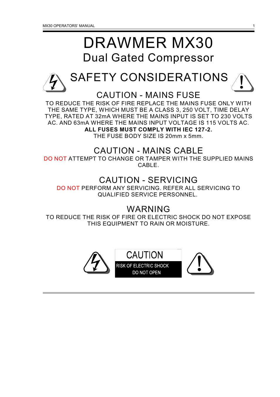 Drawmer mx30, Dual gated compressor, Safety considerations | Caution - mains fuse, Caution - mains cable, Caution - servicing, Warning | Drawmer MX30 Pro Gated Compressor / Limiter User Manual | Page 3 / 15