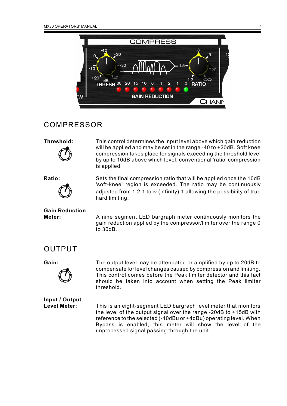 C o m pr esso r, O u tpu t | Drawmer MX30 Pro Gated Compressor / Limiter User Manual | Page 9 / 15