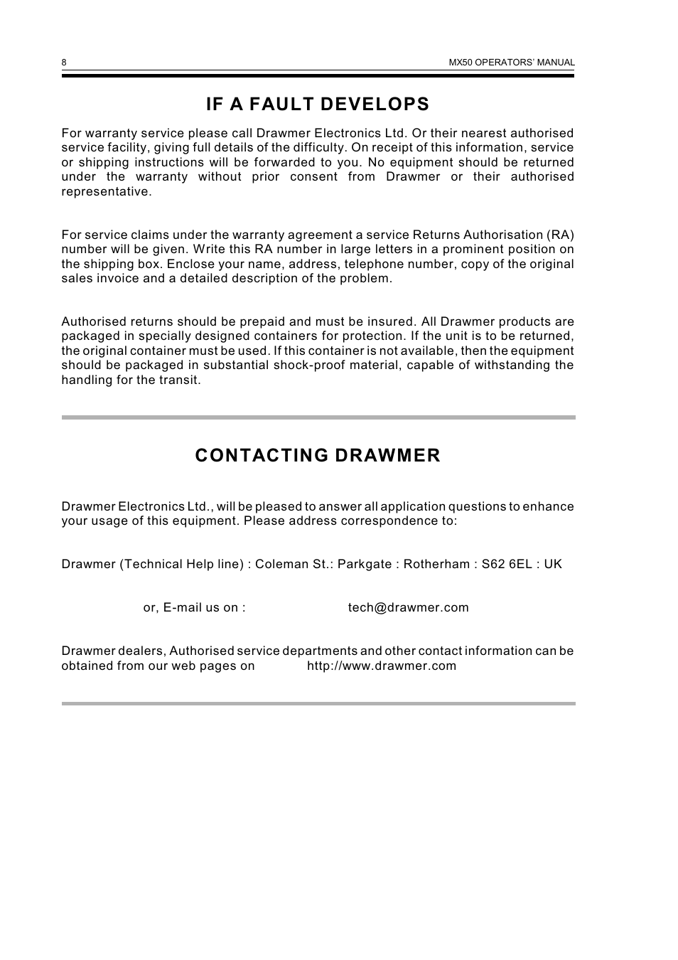 If a fault develops, Contacting drawmer | Drawmer MX50 Pro Dual Vocal De-esser User Manual | Page 10 / 13