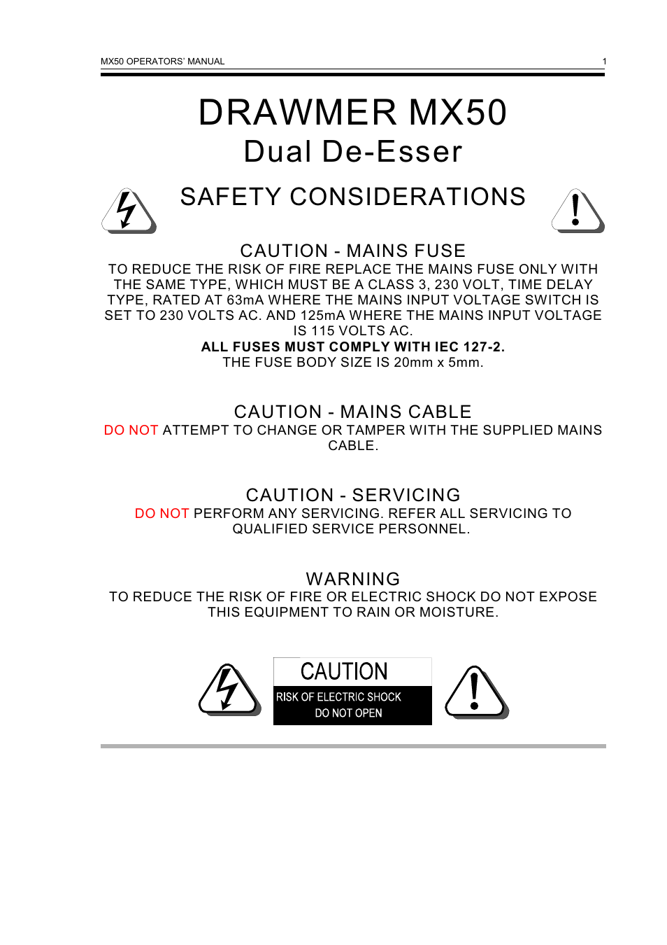 Drawmer mx50, Dual de-esser, Safety considerations | Drawmer MX50 Pro Dual Vocal De-esser User Manual | Page 3 / 13