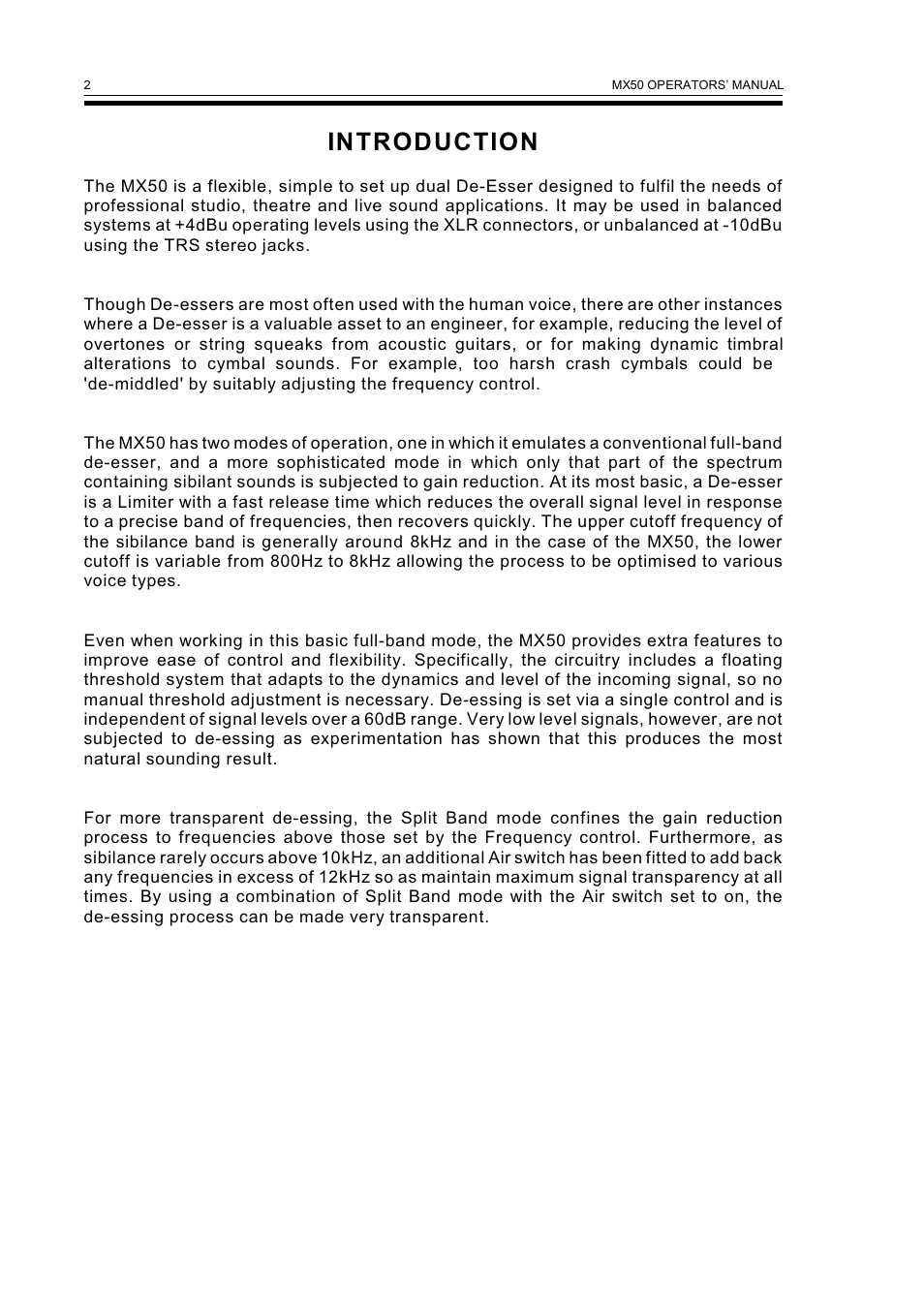 Introduction | Drawmer MX50 Pro Dual Vocal De-esser User Manual | Page 4 / 13