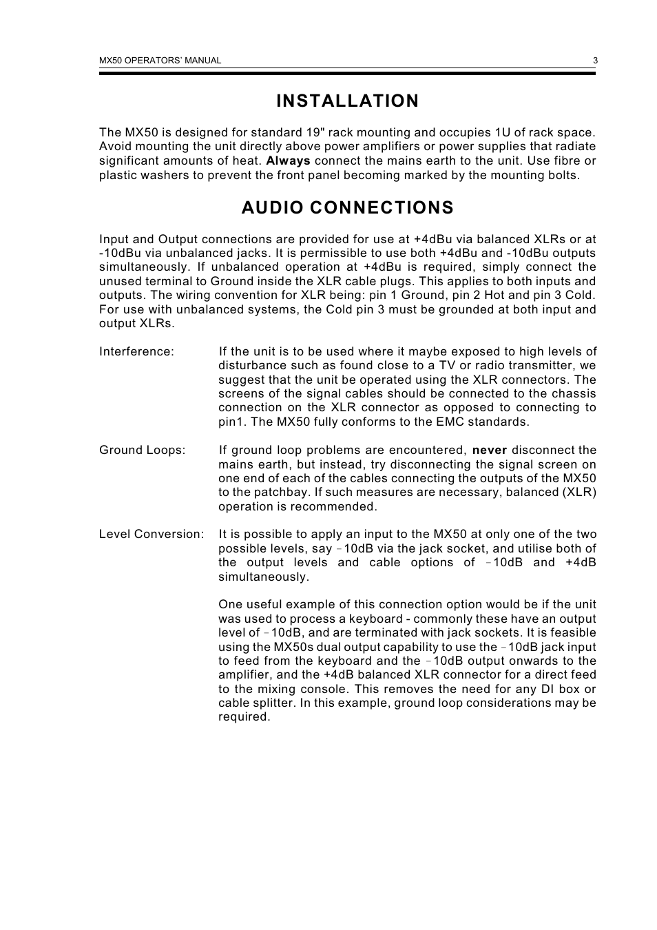 Installation, Audio connections | Drawmer MX50 Pro Dual Vocal De-esser User Manual | Page 5 / 13