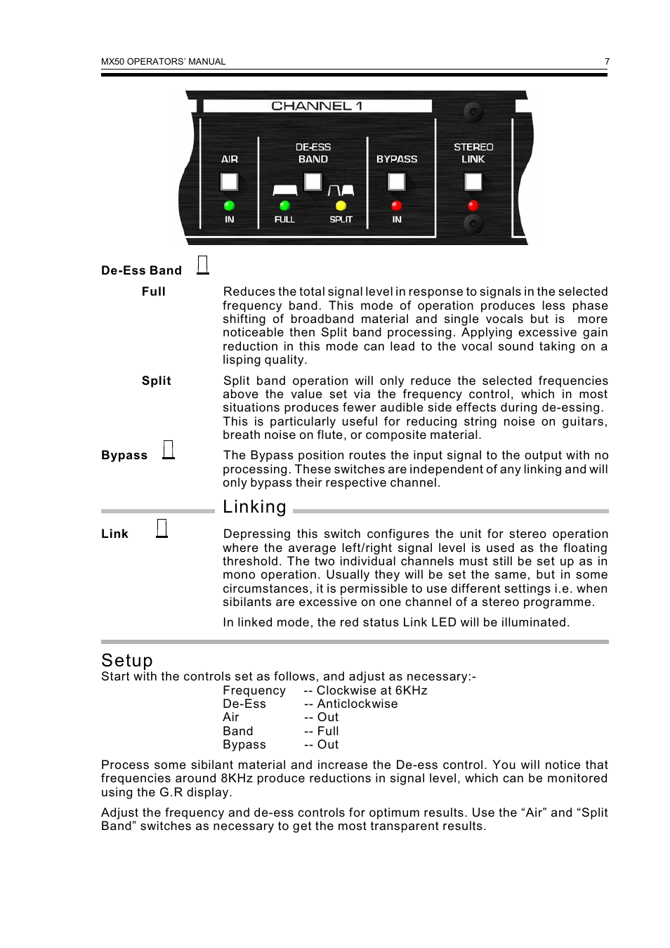 Linking, Setup | Drawmer MX50 Pro Dual Vocal De-esser User Manual | Page 9 / 13