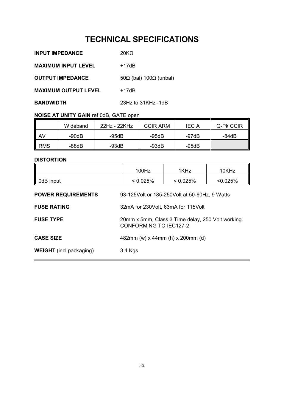 Technical specifications | Drawmer DS201 Dual Noise Gate User Manual | Page 13 / 14