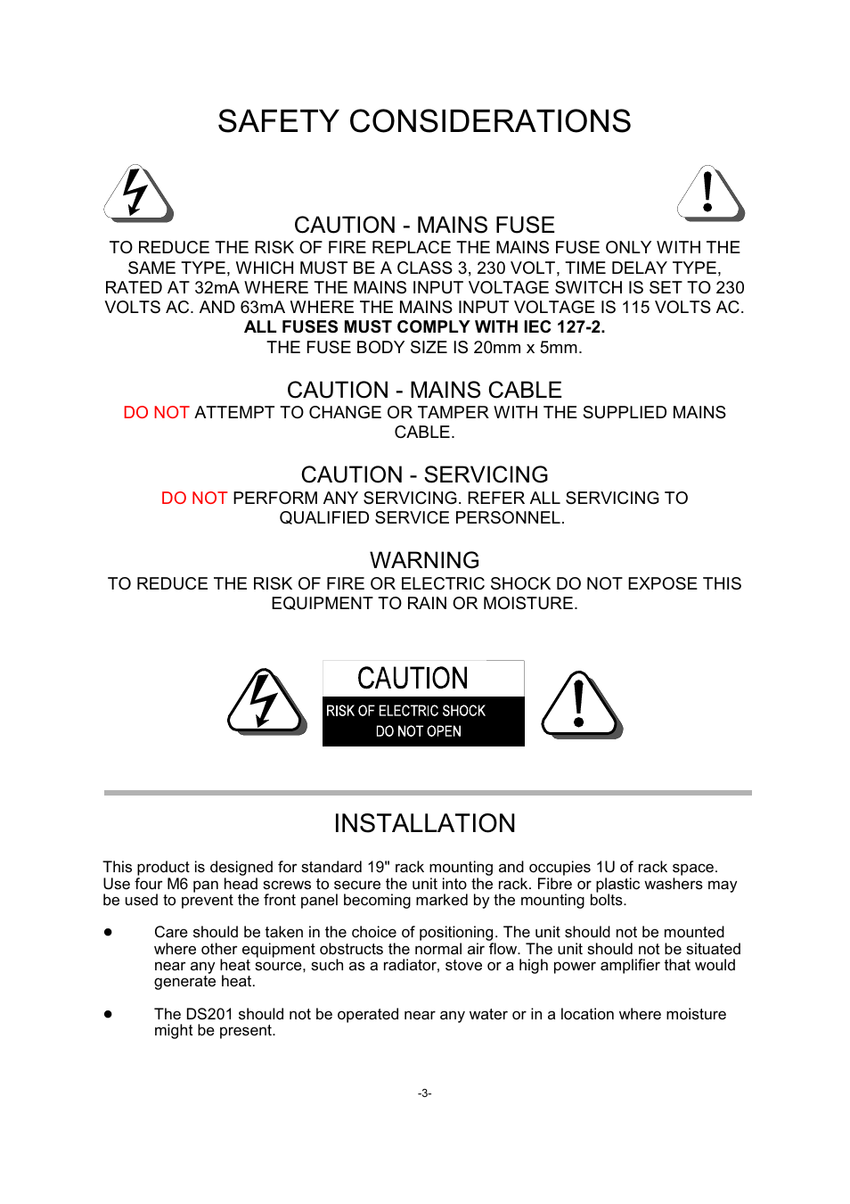 Safety considerations, Installation, Caution - mains fuse | Caution - mains cable, Caution - servicing, Warning | Drawmer DS201 Dual Noise Gate User Manual | Page 3 / 14