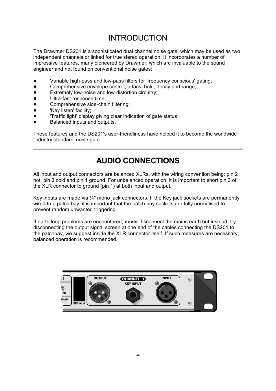 Introduction, Audio connections | Drawmer DS201 Dual Noise Gate User Manual | Page 4 / 14