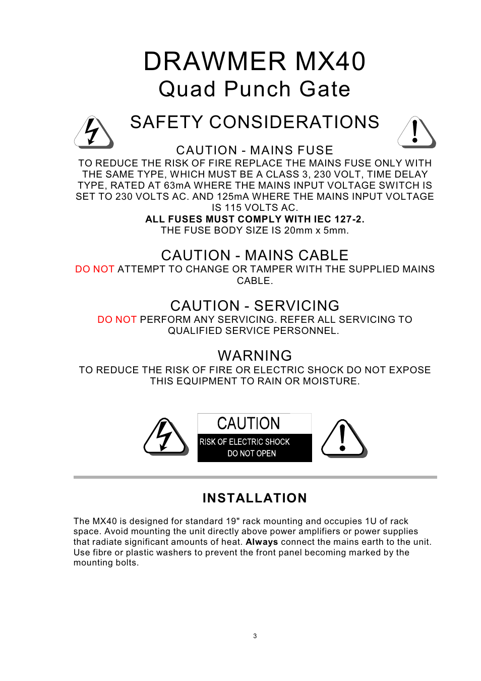 Drawmer mx40, Quad punch gate, Safety considerations | Caution - mains cable, Caution - servicing, Warning | Drawmer MX40 Pro Quad Channel Punch Gate User Manual | Page 3 / 16