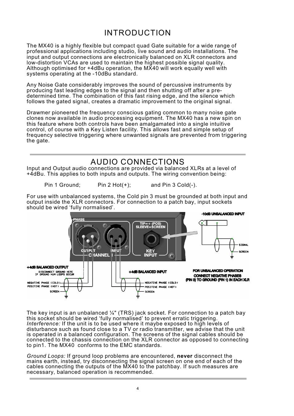 Introduction, Audio connections | Drawmer MX40 Pro Quad Channel Punch Gate User Manual | Page 4 / 16