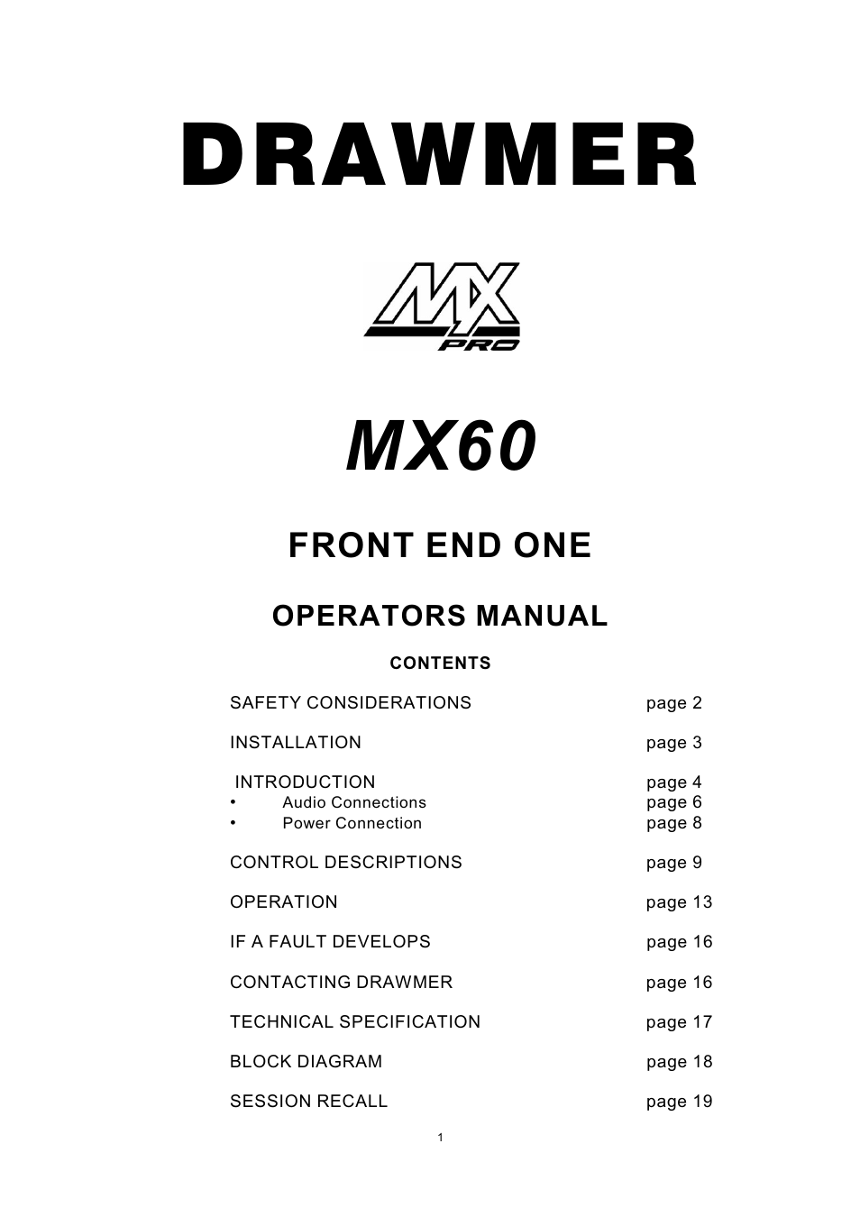 Drawmer MX60 Pro Front End One User Manual | 20 pages