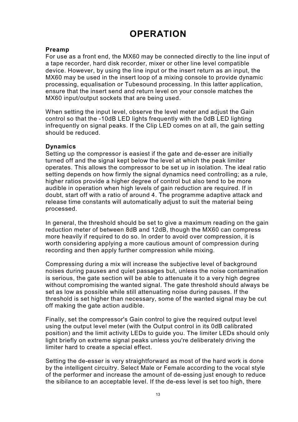 Operation | Drawmer MX60 Pro Front End One User Manual | Page 13 / 20