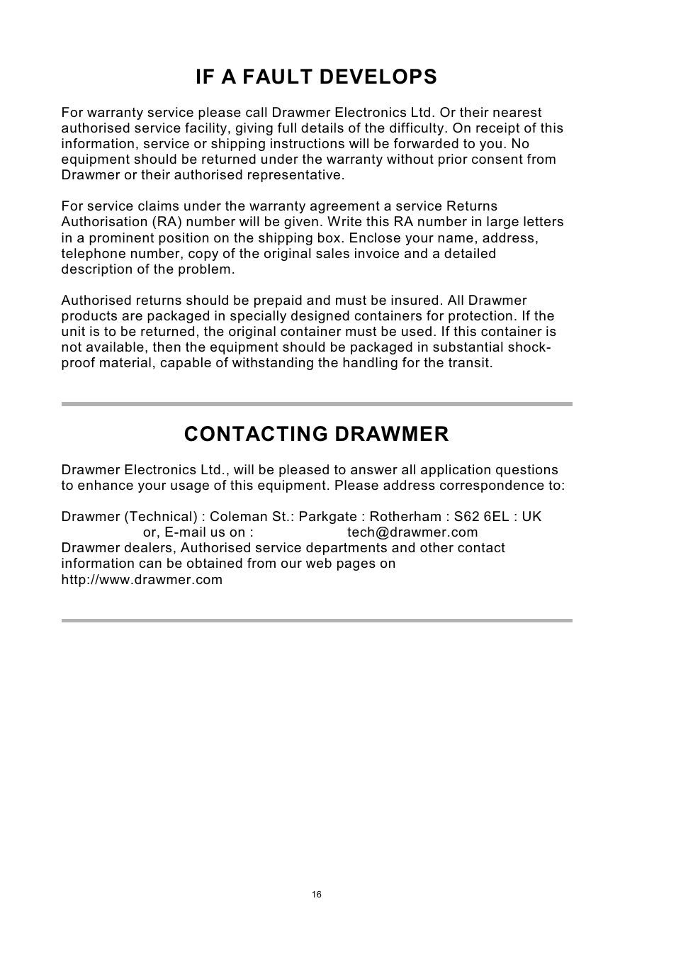 If a fault develops, Contacting drawmer | Drawmer MX60 Pro Front End One User Manual | Page 16 / 20