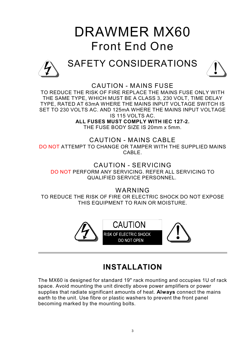 Drawmer mx60, Front end one, Safety considerations | Installation | Drawmer MX60 Pro Front End One User Manual | Page 3 / 20