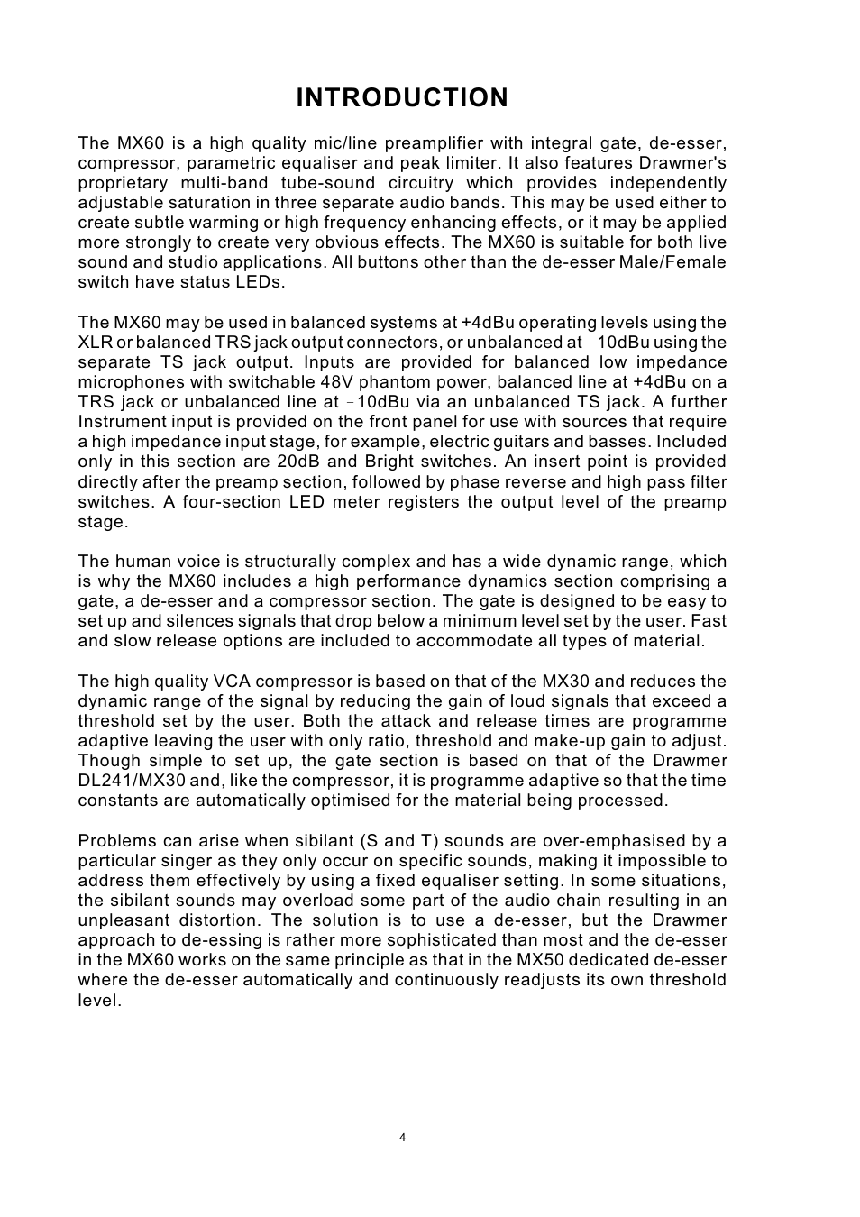 Introduction | Drawmer MX60 Pro Front End One User Manual | Page 4 / 20