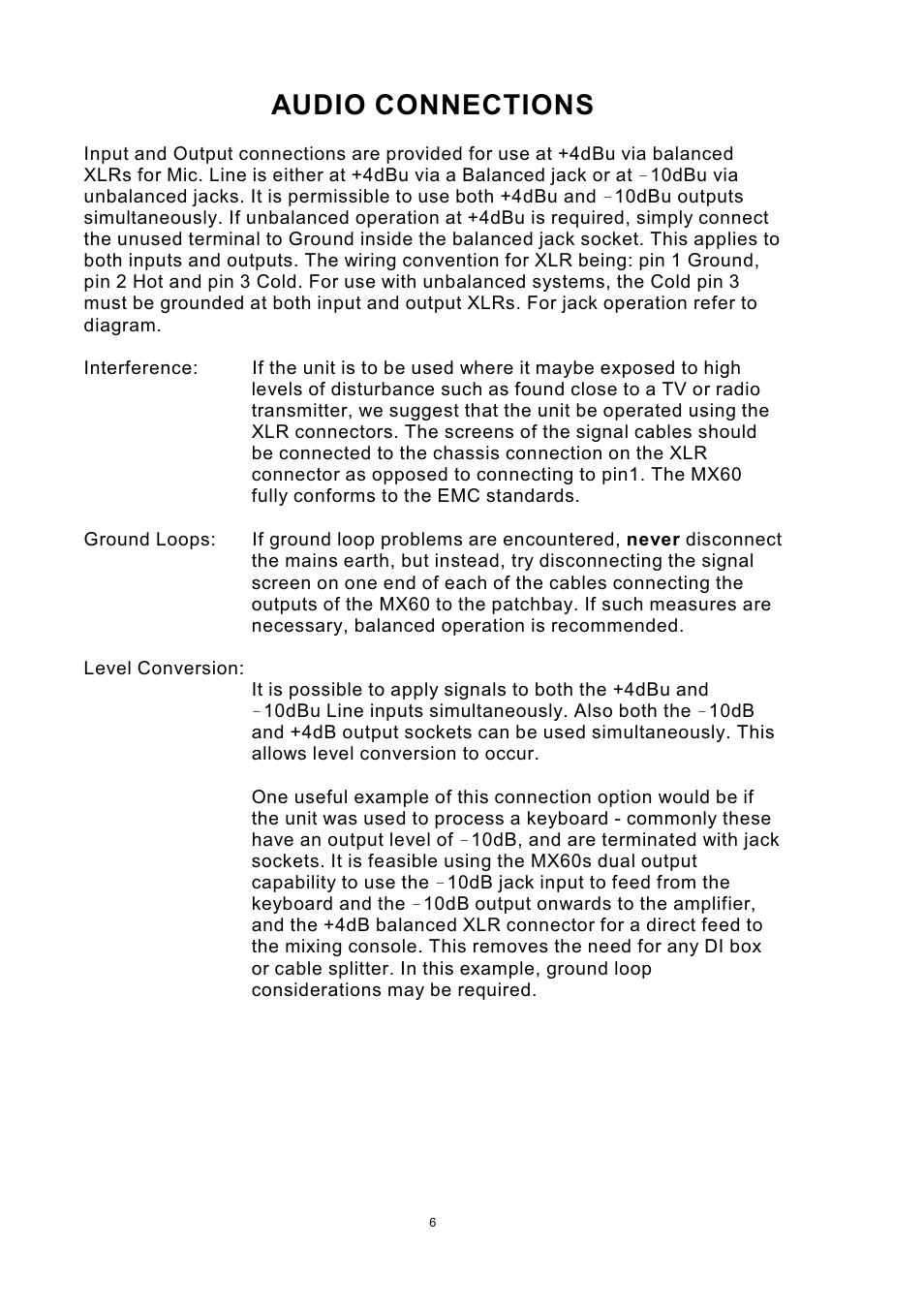 Audio connections | Drawmer MX60 Pro Front End One User Manual | Page 6 / 20