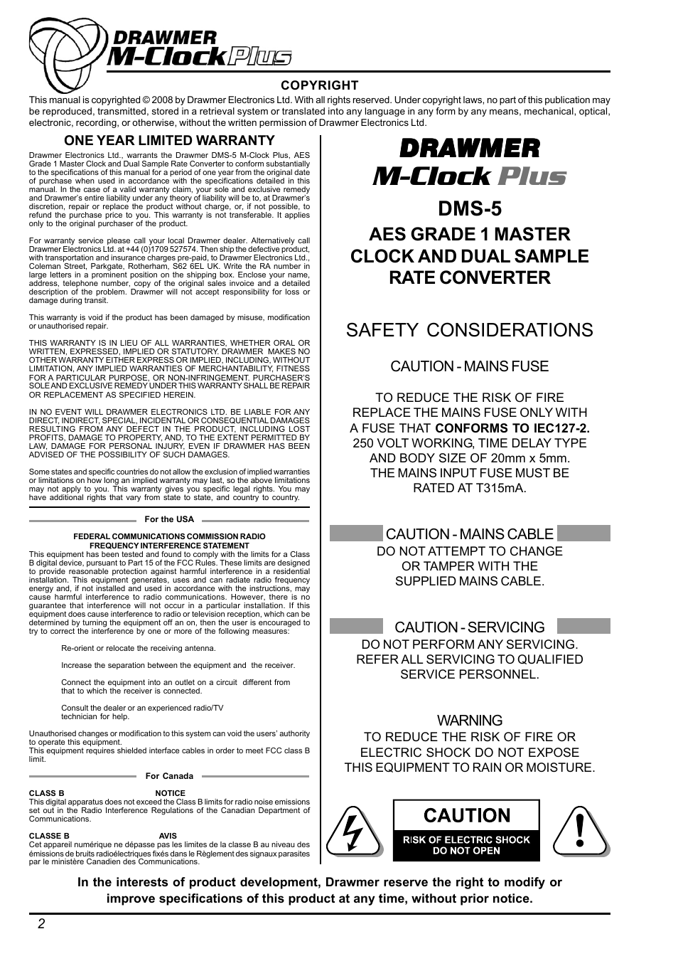 M-clock plus, Dra drawmer wmer wmer wmer wmer, Dms-5 | Safety considerations, Caution - mains fuse, Caution - mains cable, Caution - servicing, Warning | Drawmer DMS-5 M-Clock Plus AES Grade 1 Master Clock / Dual Sample Rate Conv. User Manual | Page 2 / 10