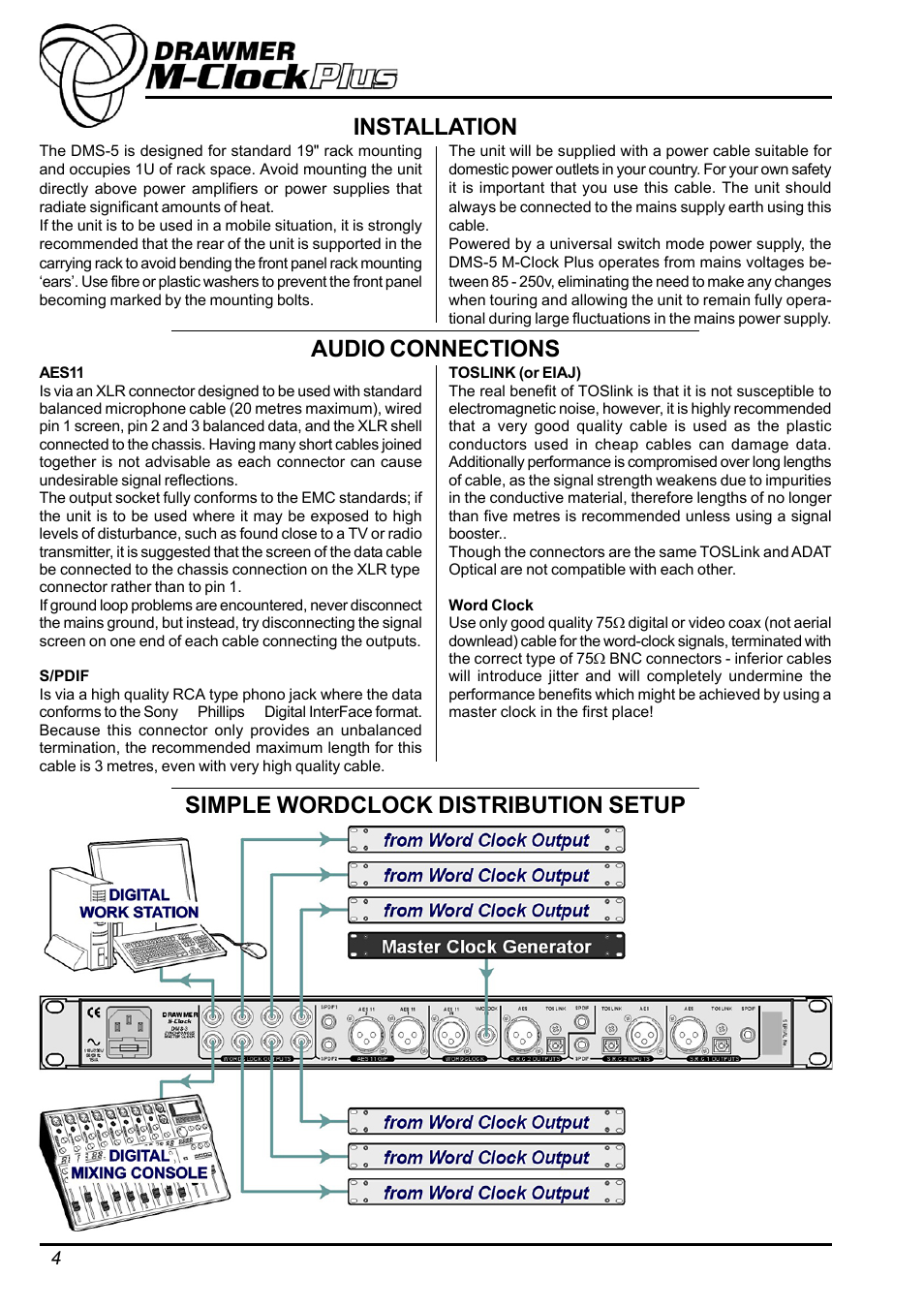 Installation audio connections, Simple wordclock distribution setup | Drawmer DMS-5 M-Clock Plus AES Grade 1 Master Clock / Dual Sample Rate Conv. User Manual | Page 4 / 10