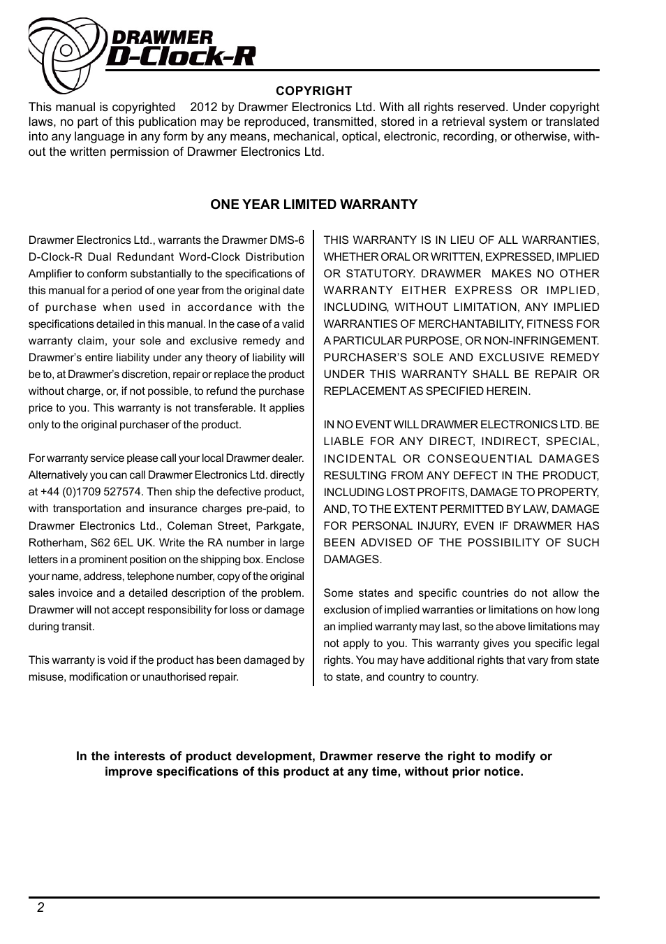 Drawmer DMS-6 D-Clock-R Dual Redundant Clock Distribution Amplifier User Manual | Page 2 / 9