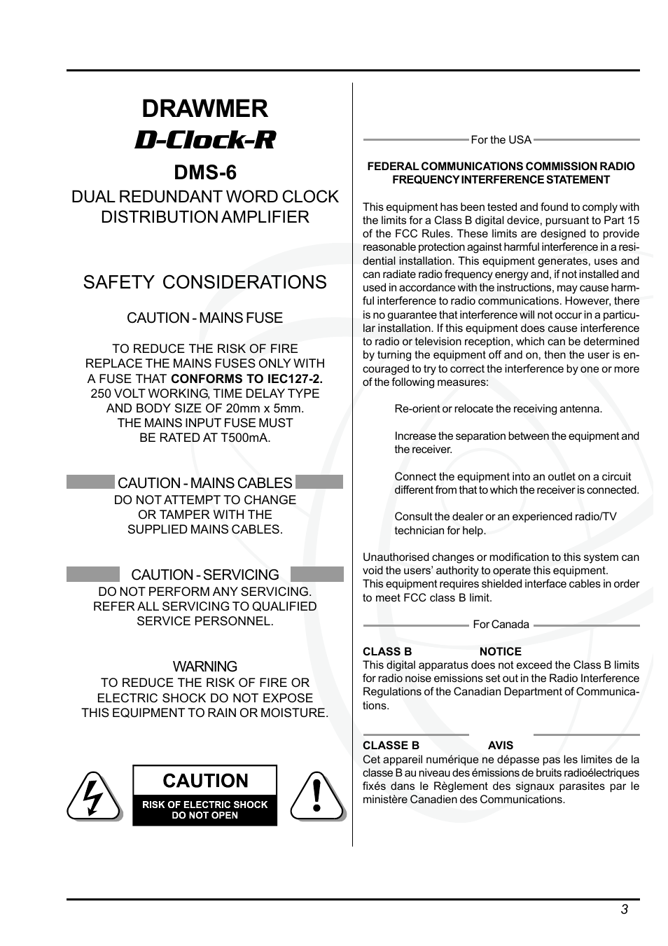 D-clock-r, Drawmer, Dms-6 | Safety considerations, Dual redundant word clock distribution amplifier | Drawmer DMS-6 D-Clock-R Dual Redundant Clock Distribution Amplifier User Manual | Page 3 / 9