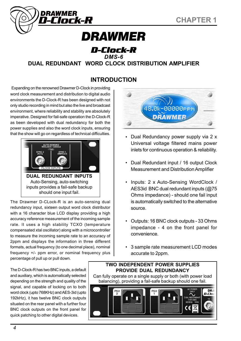 Drawmer, D-cloc, Chapter 1 | Drawmer DMS-6 D-Clock-R Dual Redundant Clock Distribution Amplifier User Manual | Page 4 / 9