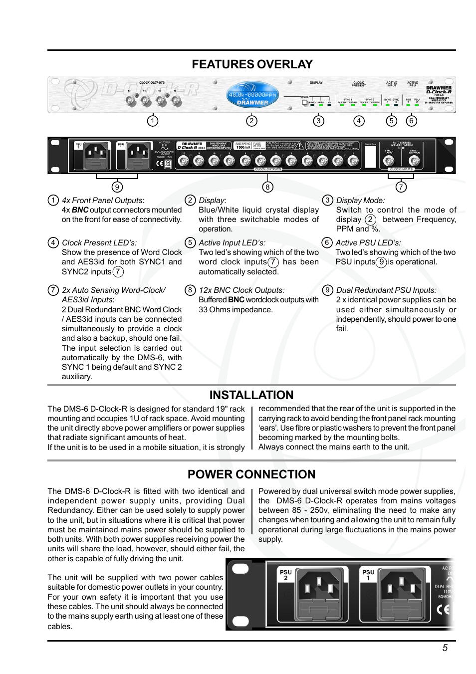 Features overlay, Installation, Power connection | Drawmer DMS-6 D-Clock-R Dual Redundant Clock Distribution Amplifier User Manual | Page 5 / 9