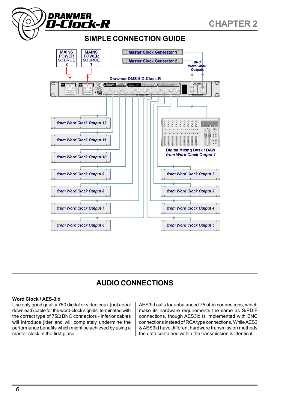 Chapter 2, Simple connection guide, Audio connections | Drawmer DMS-6 D-Clock-R Dual Redundant Clock Distribution Amplifier User Manual | Page 6 / 9