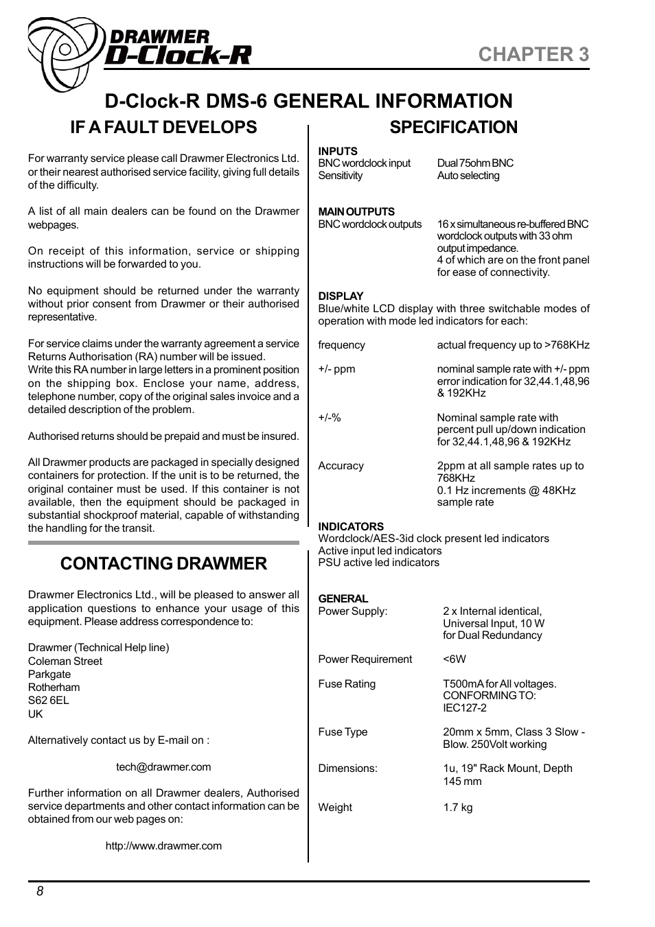 D-clock-r dms-6 general information chapter 3, If a fault develops, Contacting drawmer | Specification | Drawmer DMS-6 D-Clock-R Dual Redundant Clock Distribution Amplifier User Manual | Page 8 / 9