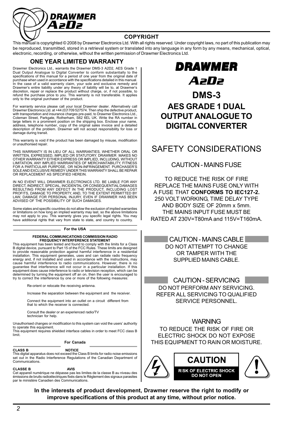 Dra drawmer wmer wmer wmer wmer, 2dms-3, Safety considerations | Caution - mains fuse, Caution - mains cable, Caution - servicing, Warning | Drawmer DMS-3 A2D2 AES Grade 1 Dual Output User Manual | Page 2 / 10