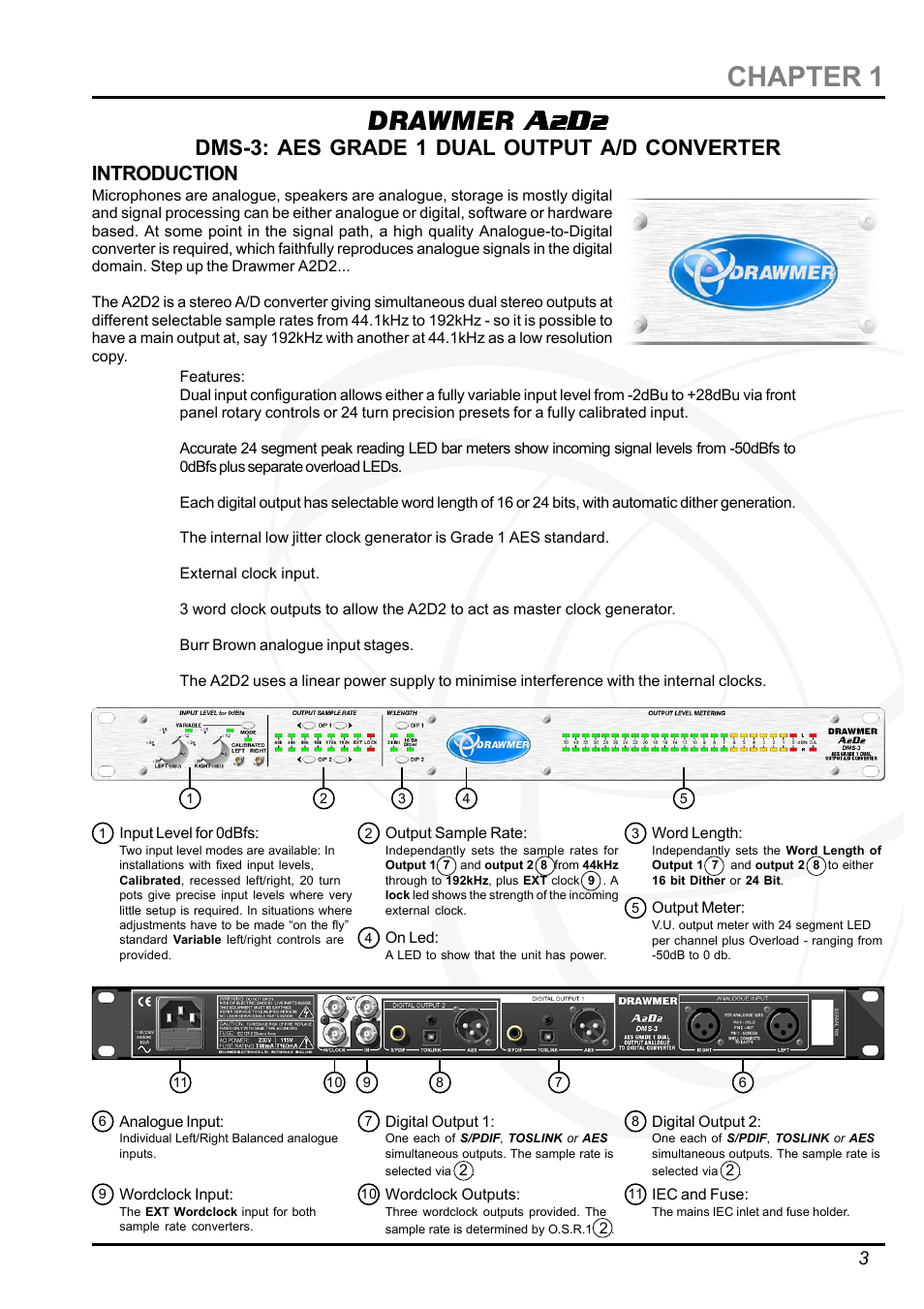 Chapter 1, Drawmer, 2dms-3: aes grade 1 dual output a/d converter | Drawmer DMS-3 A2D2 AES Grade 1 Dual Output User Manual | Page 3 / 10