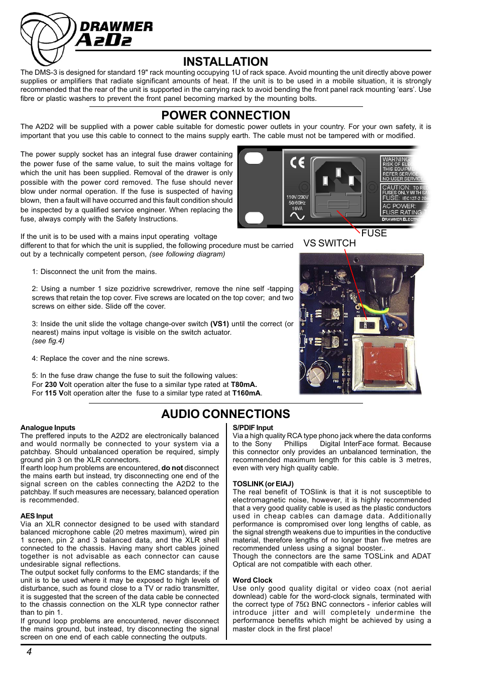 Installation audio connections, Power connection, Fuse vs switch | Drawmer DMS-3 A2D2 AES Grade 1 Dual Output User Manual | Page 4 / 10