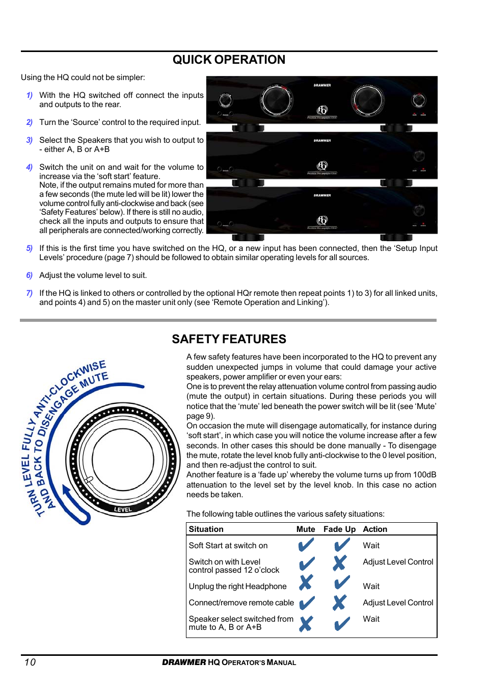 Safety features, Quick operation | Drawmer HQ-r Remote User Manual | Page 10 / 17