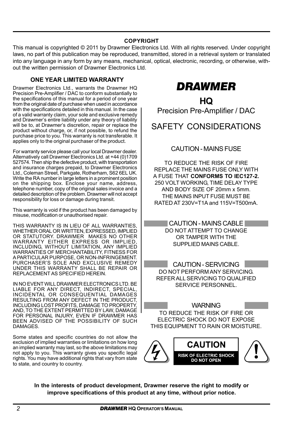 Drawmer, Safety considerations, Precision pre-amplifier / dac | Drawmer HQ-r Remote User Manual | Page 2 / 17