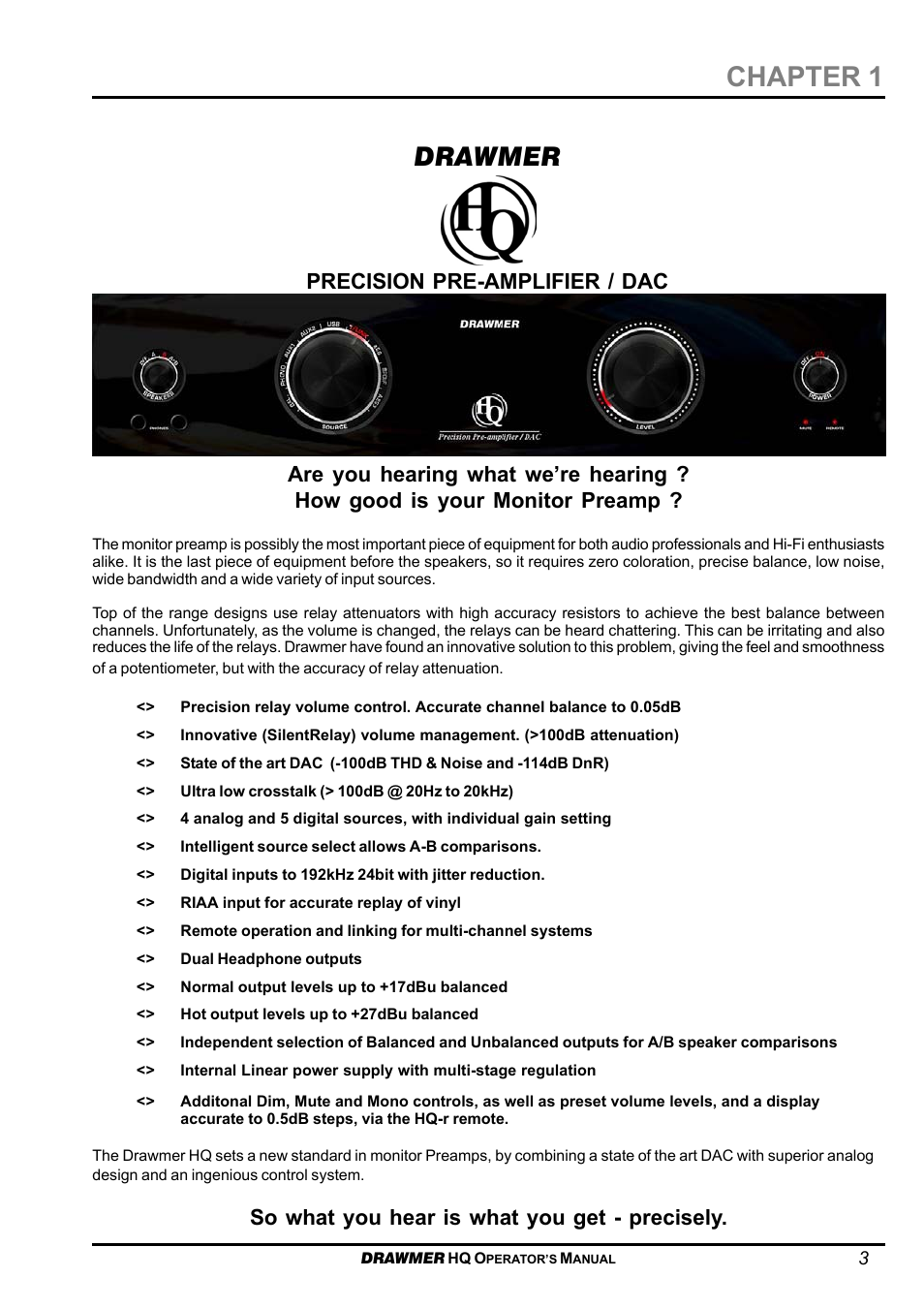 Chapter 1, Drawmer, So what you hear is what you get - precisely | Drawmer HQ-r Remote User Manual | Page 3 / 17