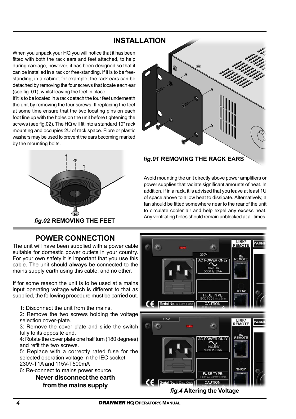 Power connection, Installation | Drawmer HQ-r Remote User Manual | Page 4 / 17