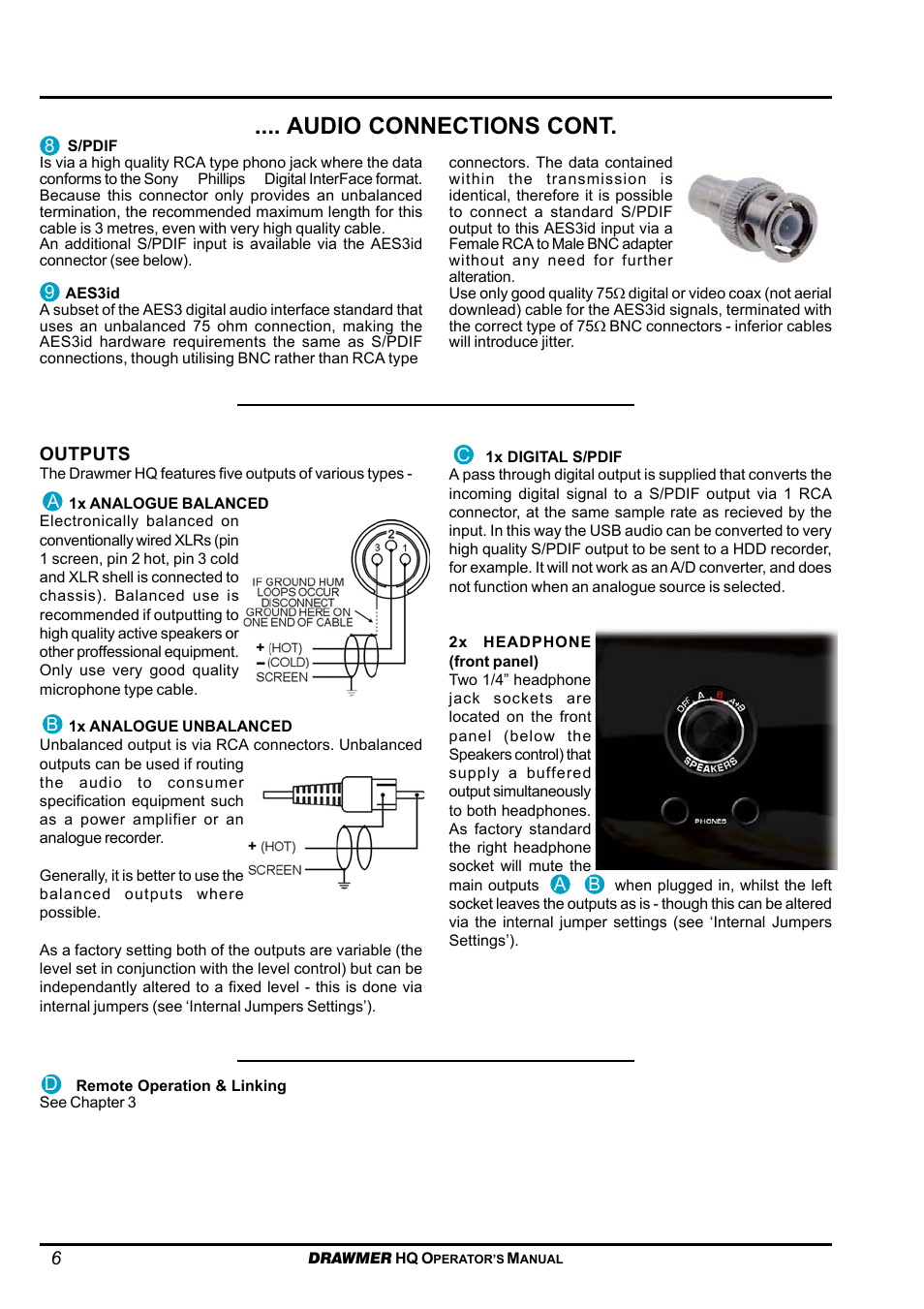 Audio connections cont | Drawmer HQ-r Remote User Manual | Page 6 / 17