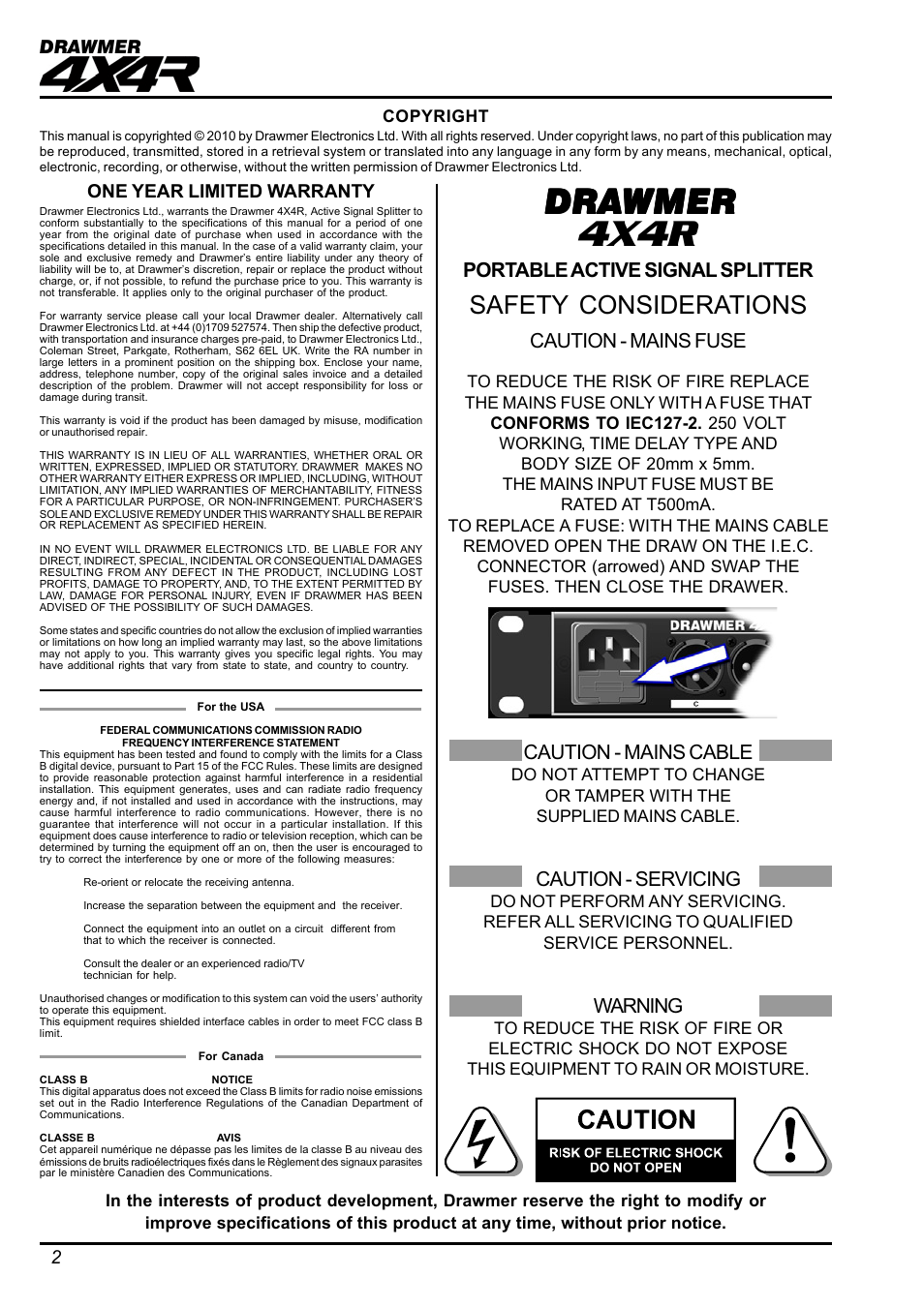 4x4r, Dra drawmer wmer wmer wmer wmer, Safety considerations | Portable active signal splitter, Caution - mains fuse, Caution - mains cable, Caution - servicing, Warning, 2drawmer, One year limited warranty | Drawmer Active Splitter 4X4R Rackmount Active Splitter User Manual | Page 2 / 11