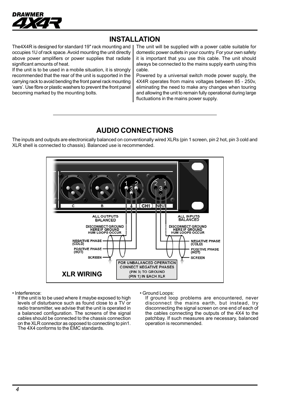 Installation audio connections, Xlr wiring | Drawmer Active Splitter 4X4R Rackmount Active Splitter User Manual | Page 4 / 11