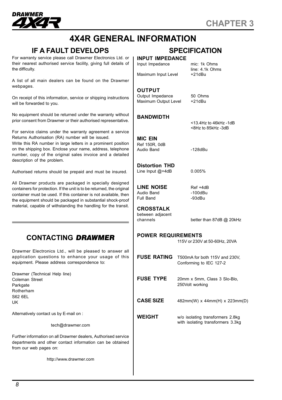 4x4r general information chapter 3, Specification, Contacting drawmer | If a fault develops | Drawmer Active Splitter 4X4R Rackmount Active Splitter User Manual | Page 8 / 11