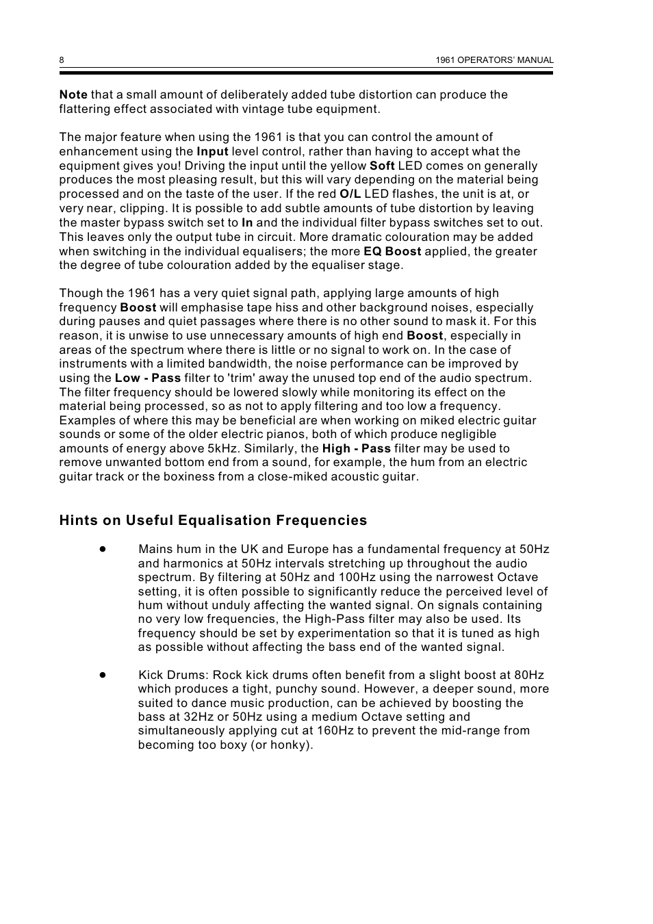 Hints on useful equalisation frequencies | Drawmer 1961 Vacuum Tube Equaliser User Manual | Page 10 / 14