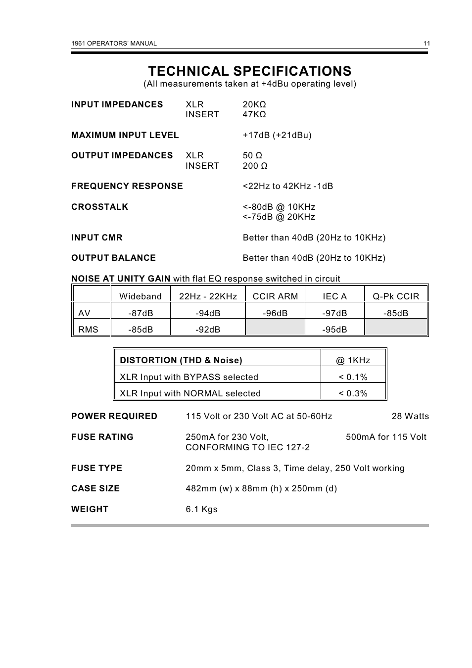 Technical specifications | Drawmer 1961 Vacuum Tube Equaliser User Manual | Page 13 / 14