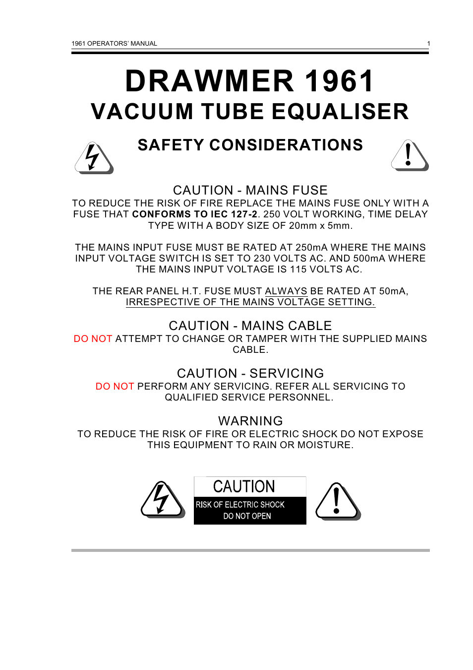 Drawmer 1961, Vacuum tube equaliser, Safety considerations | Drawmer 1961 Vacuum Tube Equaliser User Manual | Page 3 / 14