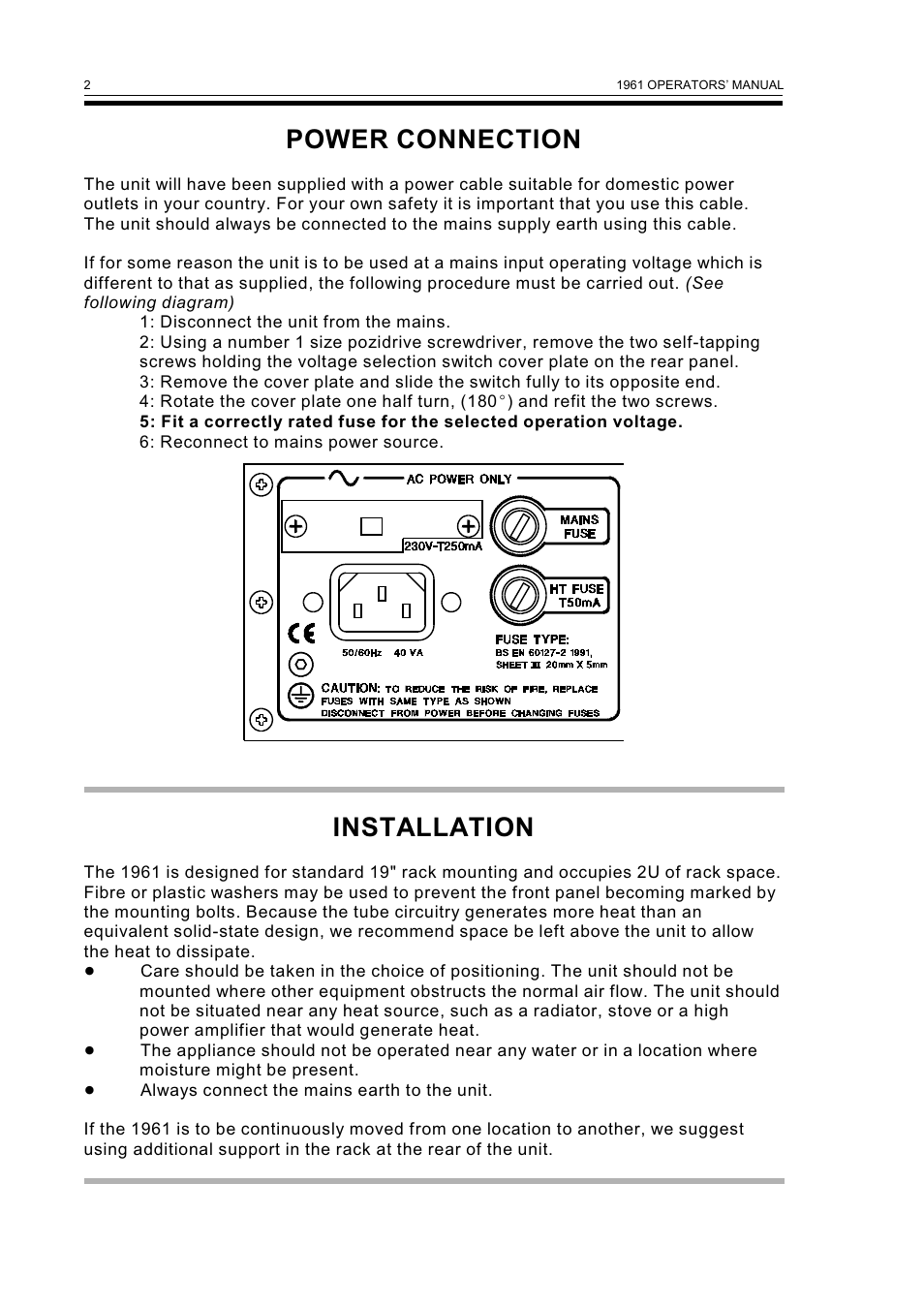 Power connection, Installation | Drawmer 1961 Vacuum Tube Equaliser User Manual | Page 4 / 14